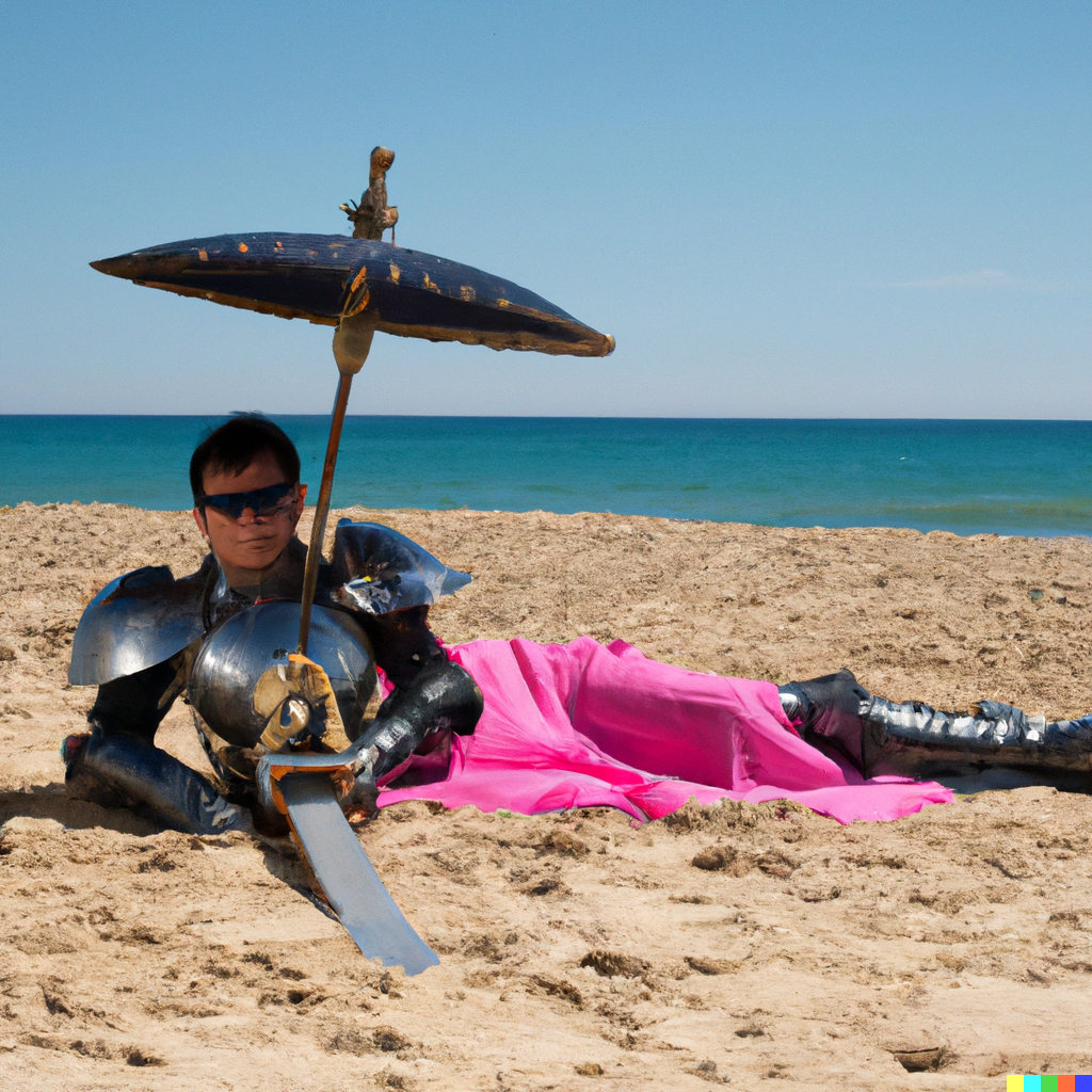DALL·E 2022-07-16 14.55.20 - A knight in a full suit of armour wearing sunglasses laying down ...png